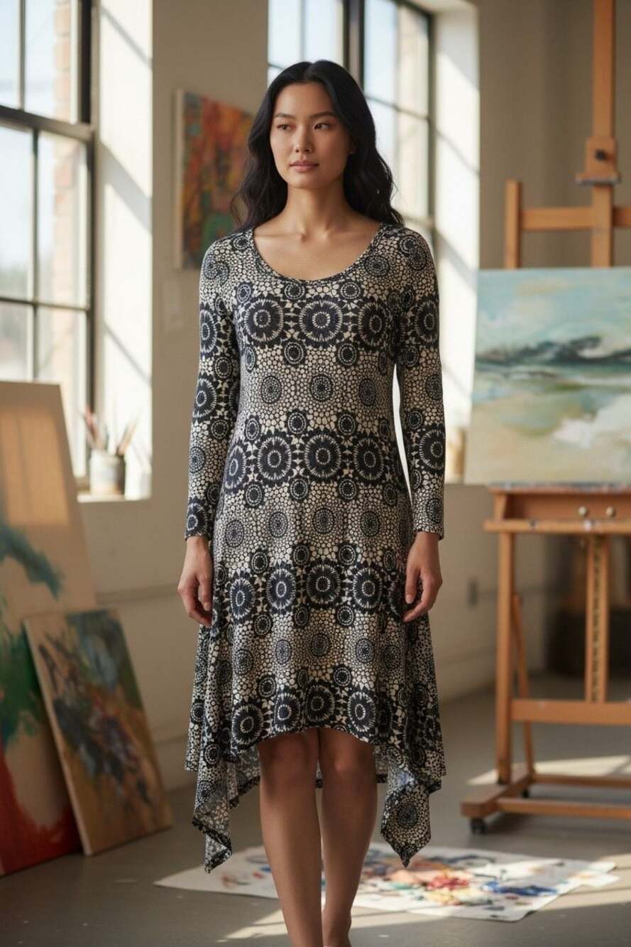 Dalin Long Sleeve Geometric Circle Pattern Hanky Hem Tunic Dress